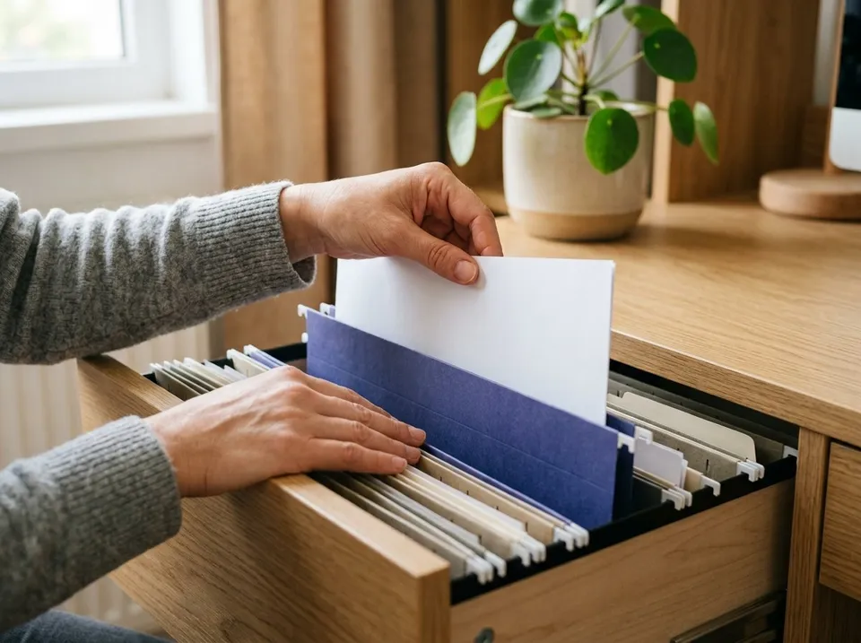 Mâini care pun un document într-un sertar cu dosare.