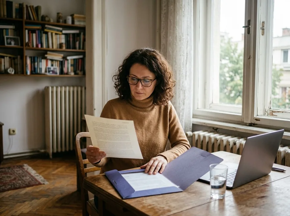 Femeie citind o pagină tipărită la masa de lângă fereastră, cu un dosar deschis și laptopul alături.