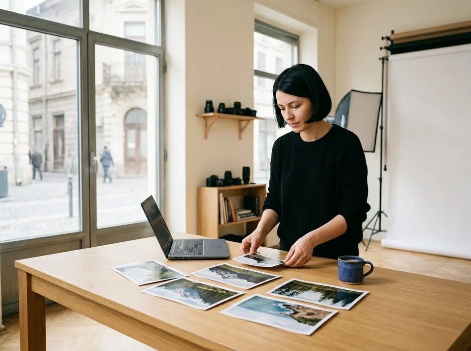 Fotografă așezând fotografii printate pe o masă albă, în studioul ei.